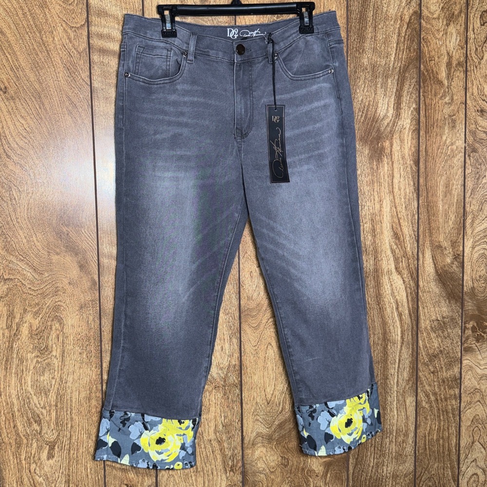 DG2 Diane Gilman Virtual Stretch Gray Floral Cuff Crop Jeans 16P Petite NEW